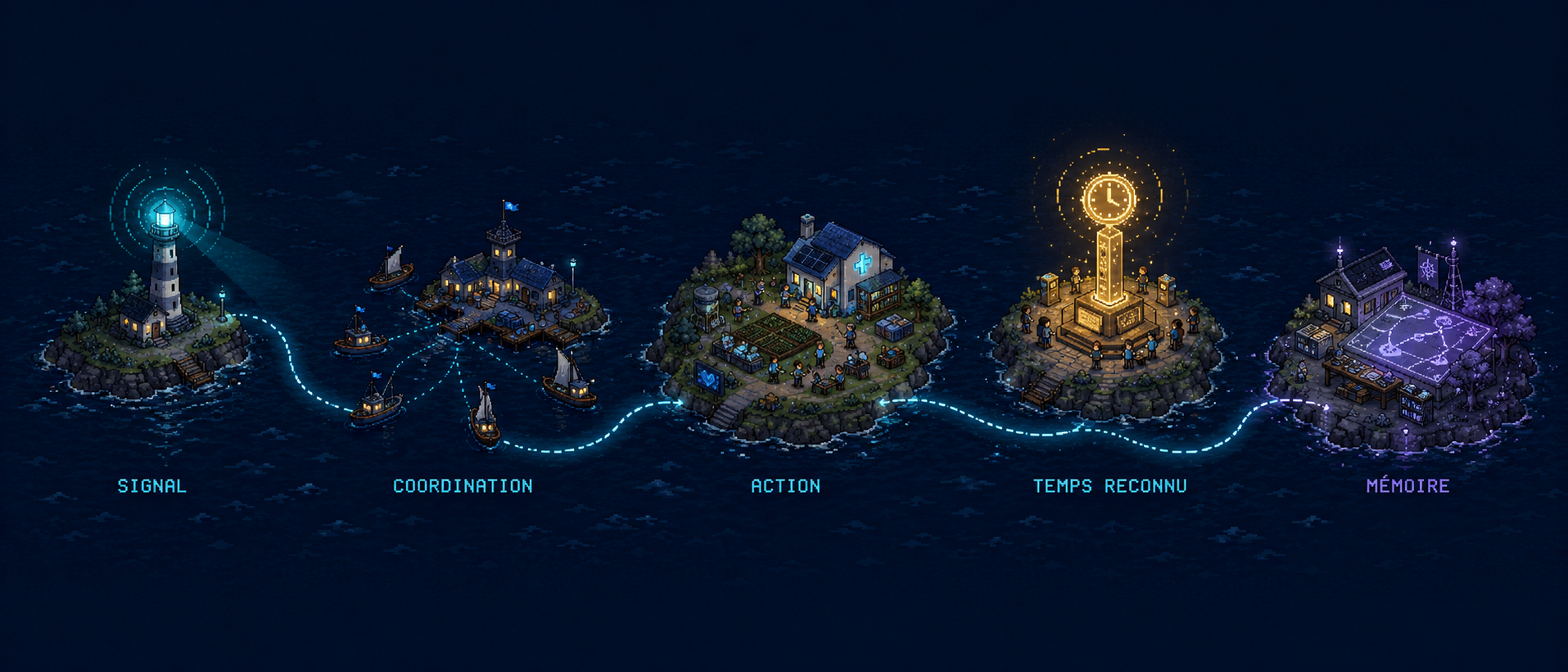 Un parcours en cinq îles reliées par un fil lumineux : Signal, Coordination, Action, Temps reconnu, Mémoire.